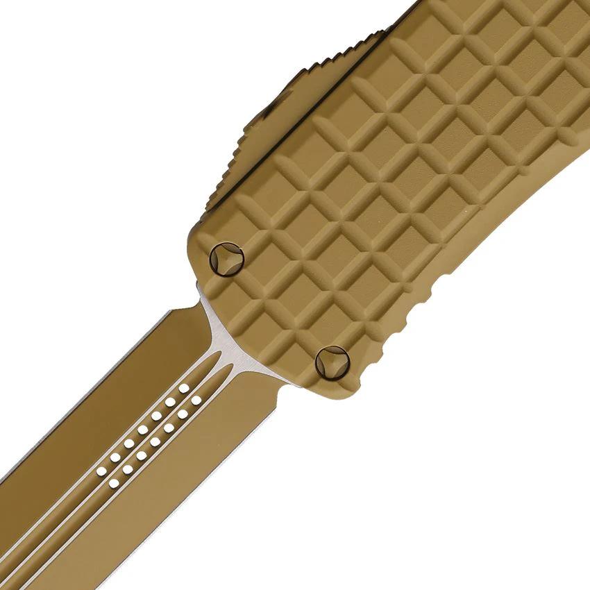 Microtech Auto Hera OTF Knife Desert Tan Cerakote Frag Pattern Aluminum Handle 3In Double Edge Blade For Tactical Pros by Microtech