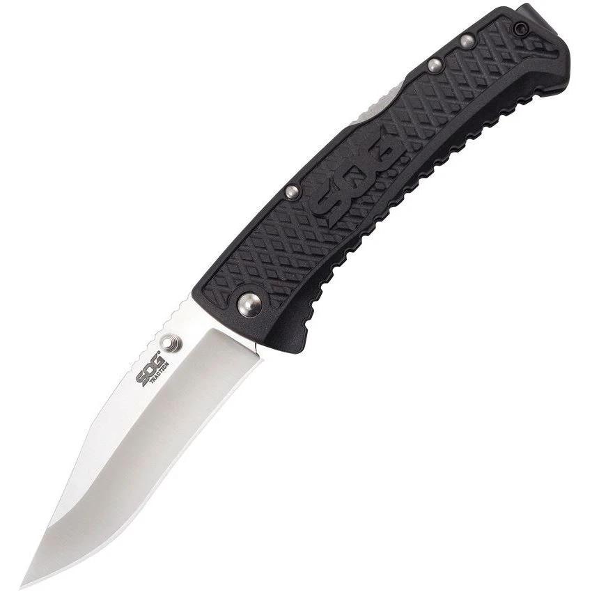 SOG Traction Folding Knife Satin Finish 5Cr15MoV EDC Ready 3.375in Blade 4.75in Closed Pocket Clip by SOG