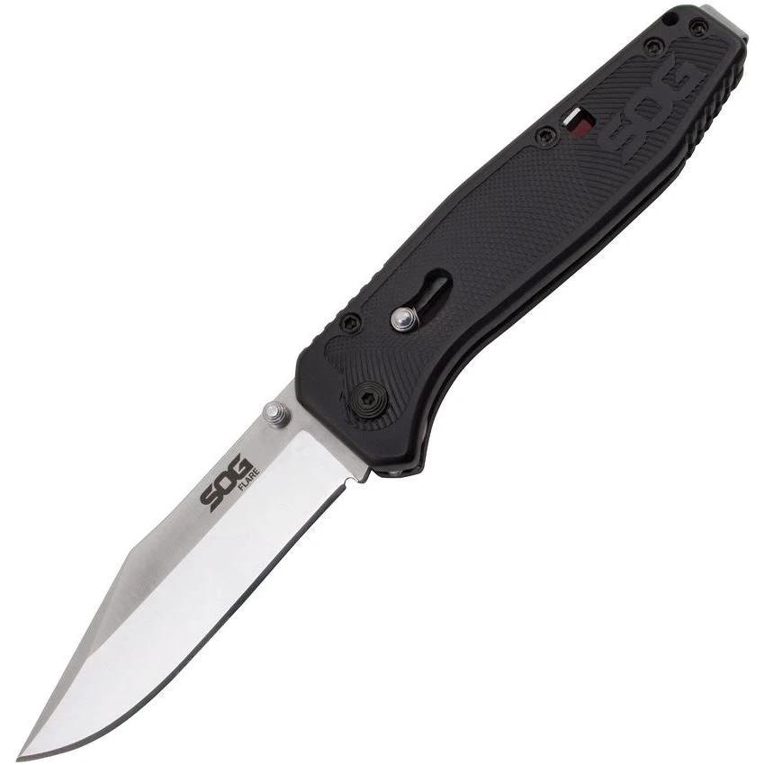 SOG Flare SAT Satin Assisted Opening Tactical Pocket Knife 8Cr13MoV 3.5in Blade Black GRN Handle EDC by SOG