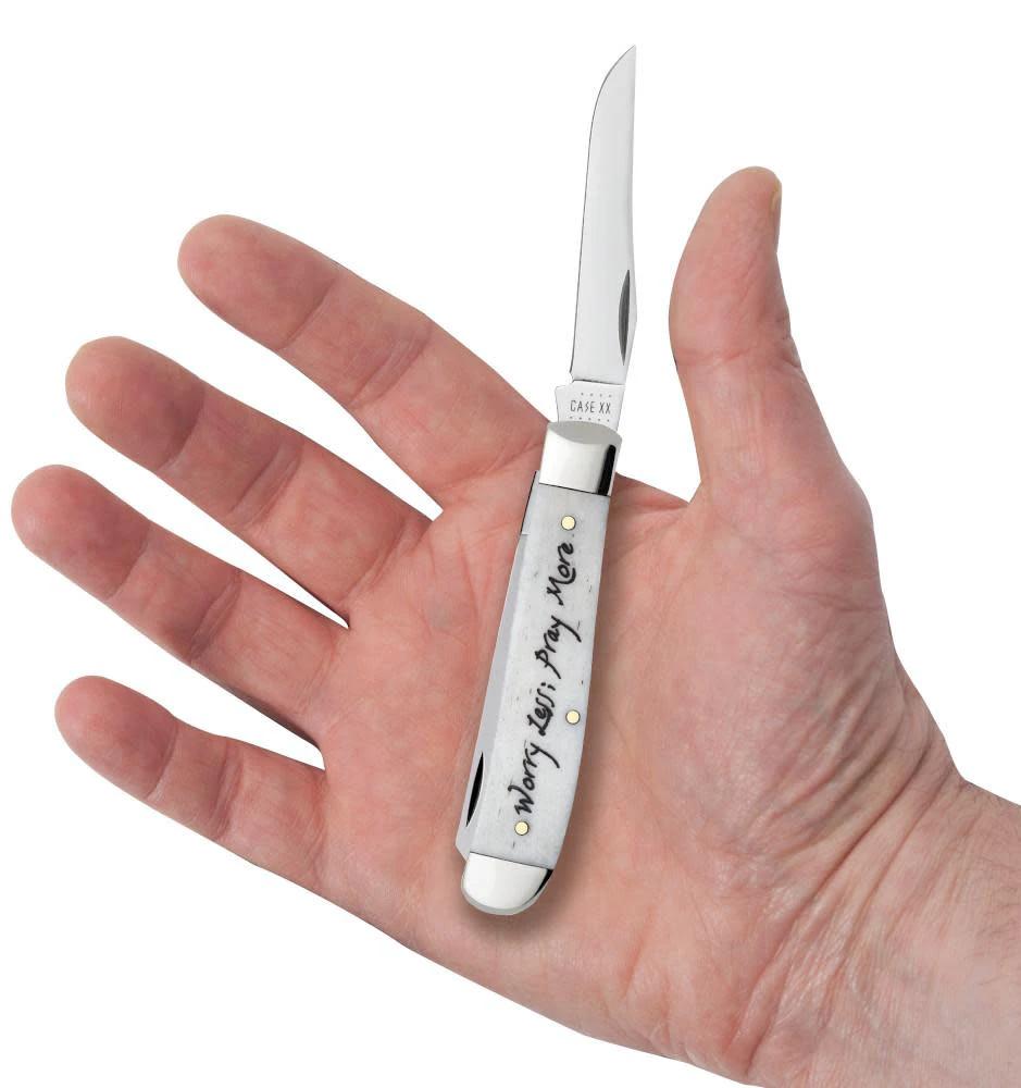 Religious Sayings “Worry Less, Pray More” Natural Bone Mini Trapper by Case Cutlery