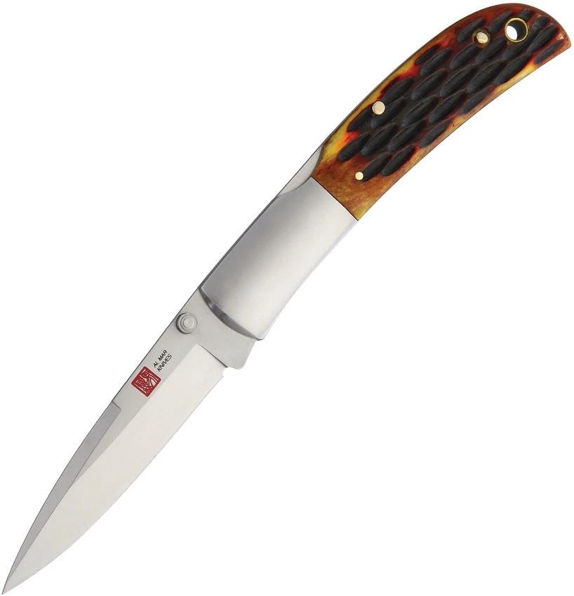 Al Mar Falcon Lockback Knife With Honey Jigged Bone Handle Satin AUS 8 Blade Stainless Bolsters For Knife Collectors by Al Mar