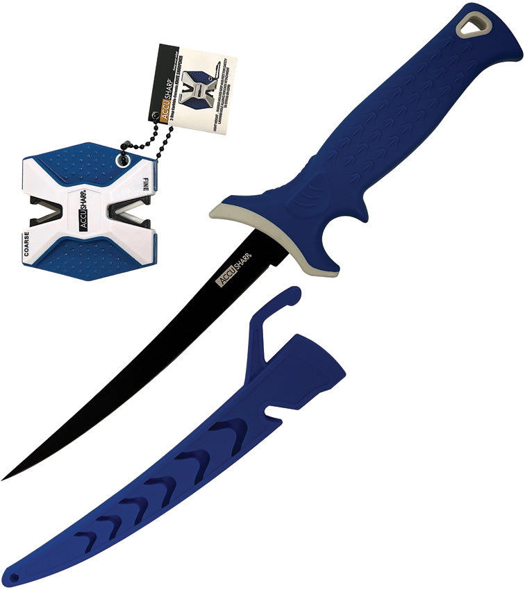 AccuSharp Fillet Knife With Sharpener 736C 7 Inch Titanium Coated Blade Blue Rubber Handle Includes Two Step Sharpener by AccuSharp