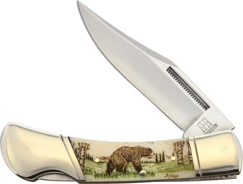 Bear Lockback Knife Alaska Scrimshaw ASC1 For Collectors With Bone Handle And Mirror Clip Point Blade by Alaska Scrimshaw Connection