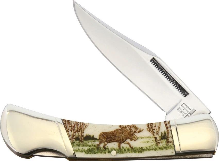 Alaska Scrimshaw Connection Moose Lockback ASC5 Knife For Outdoorsmen Natural Smooth Bone Handle Artwork by Alaska Scrimshaw Connection