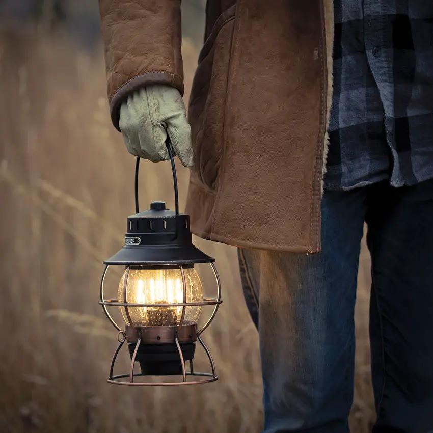 Barebones Living Railroad Lantern Rechargeable Outdoor Vintage Edison LED With Seed Glass Globe And Copper Accents by Barebones Living