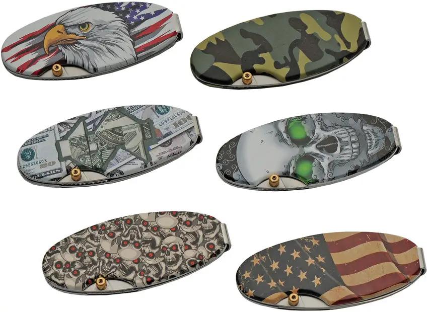 Rite Edge Money Clip Linerlock 24 Piece Set - Assorted Ghost Skull Camo Patriotic Eagle Dollar Bill Patterns by Rite Edge