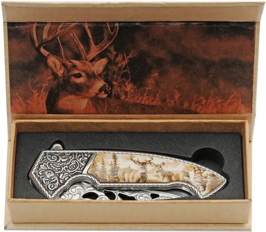 Deer Premium Framelock Folding Knife 420 Stainless Satin Blade Extended Tang EDC Gift Box by China Made