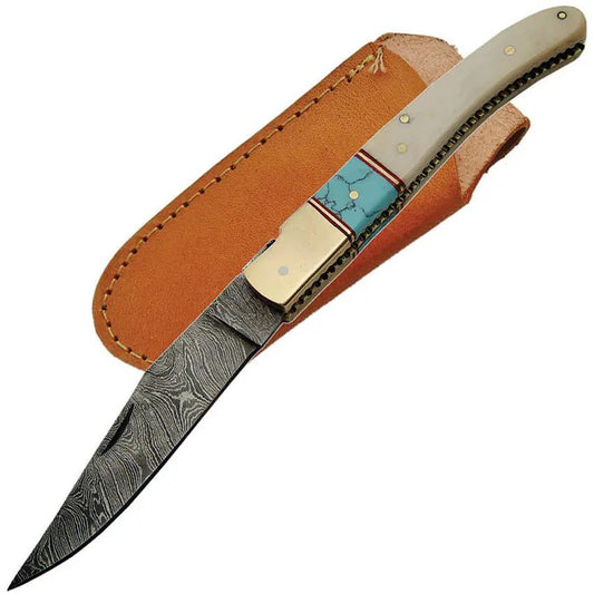 Damascus Bone Turquoise Folder DM-1156BO - 4.5 Inch Closed, 4 Inch Damascus Clip Point Blade, Brass Bolsters by Damascus