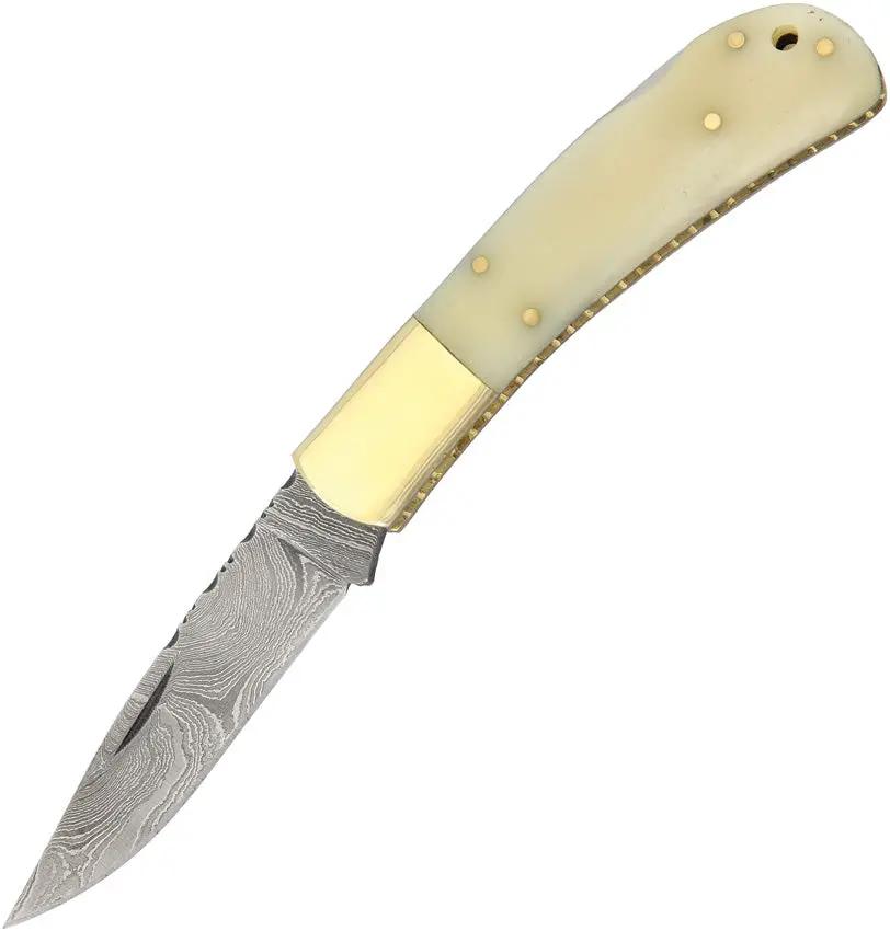 Damascus Lockback White Bone DM-1167 - 3 Inch Damascus Blade Brass Bolsters 4 Inch Closed Knife by Damascus