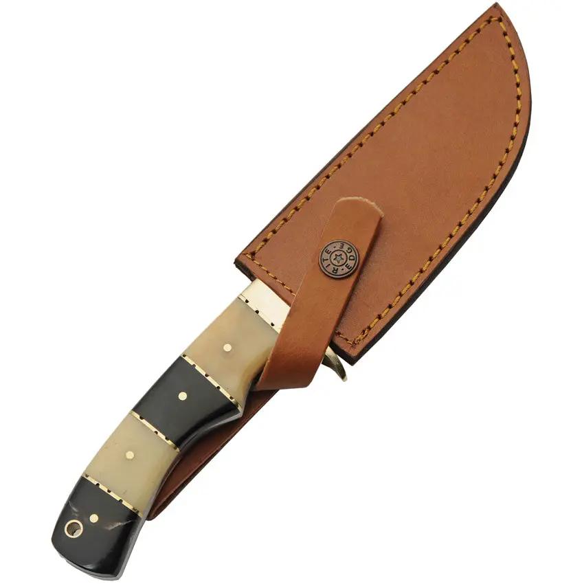Damascus Hunter Horn And Bone Knife DM-1313HB - Full Tang With Brass Guard And Leather Belt Sheath by Damascus
