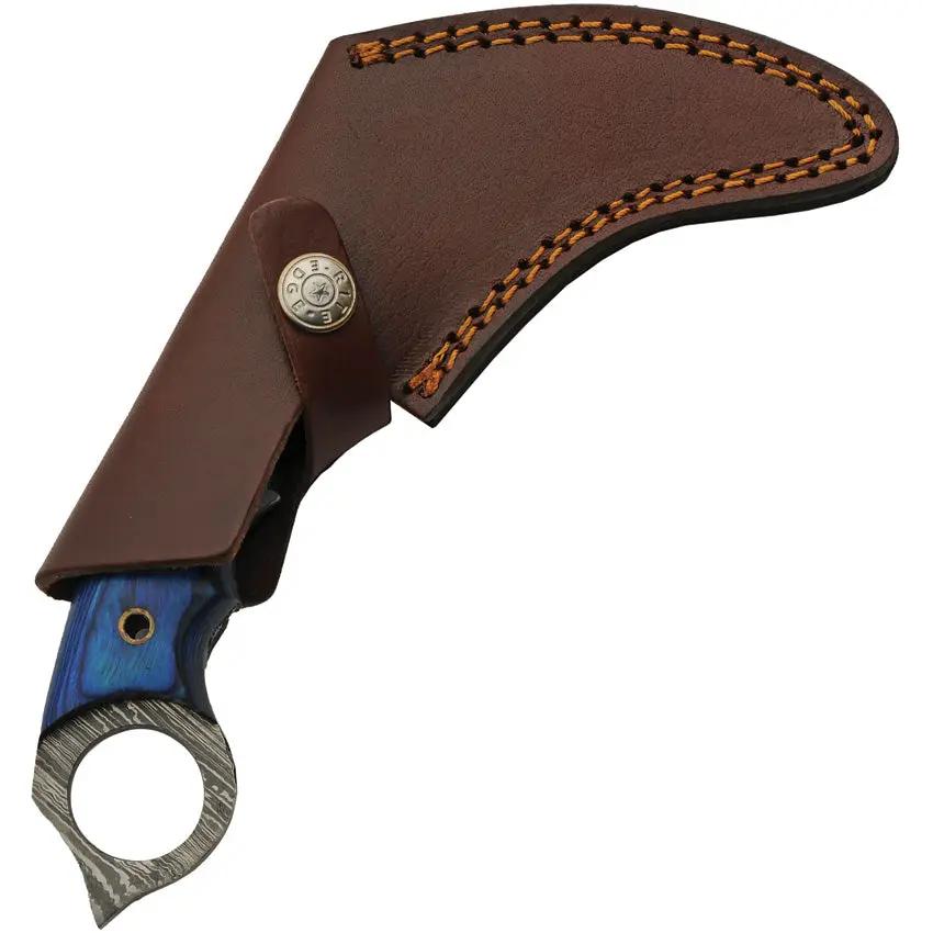 Damascus Talon Karambit - Blue Pakkawood Handle And Full Tang With Finger Ring Belt Sheath Included by Damascus