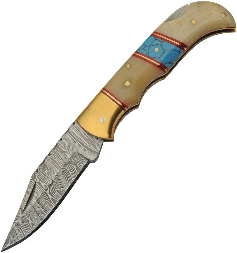Damascus Lockback Bone/Turquoise DM-1362 by Damascus
