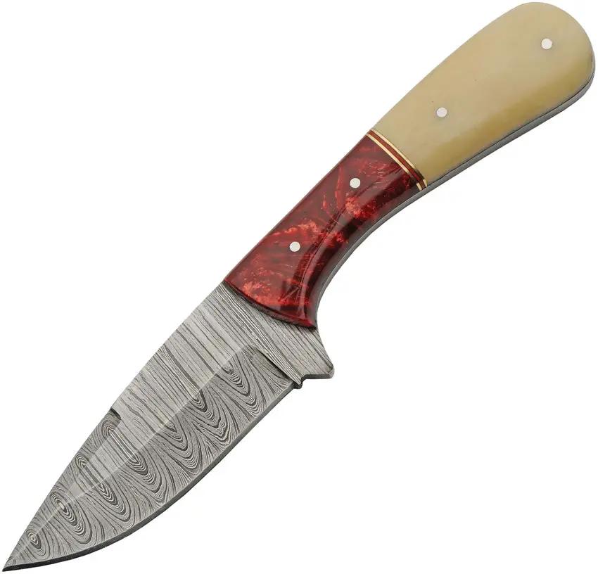 Damascus Skinner Camel Bone Red DM-1370RD - Full Tang Damascus Blade With Camel Bone And Red Acrylic Handle by Damascus