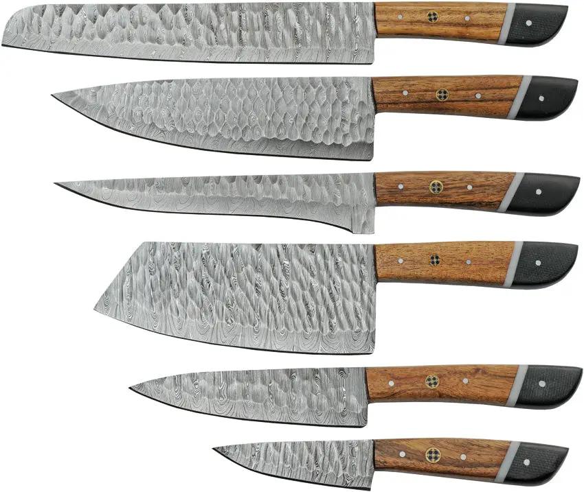 Damascus Saddlewood Kitchen Set With Roll - Damascus Steel Blades, Full Tang, 7-Piece Knife Collection by Damascus