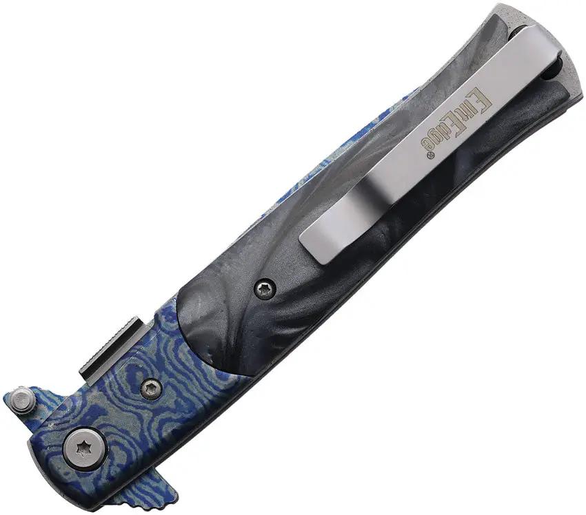 ElitEdge Damascus Etched Linerlock Assisted Opening Knife - Blue And Silver Damascus Blade by ElitEdge