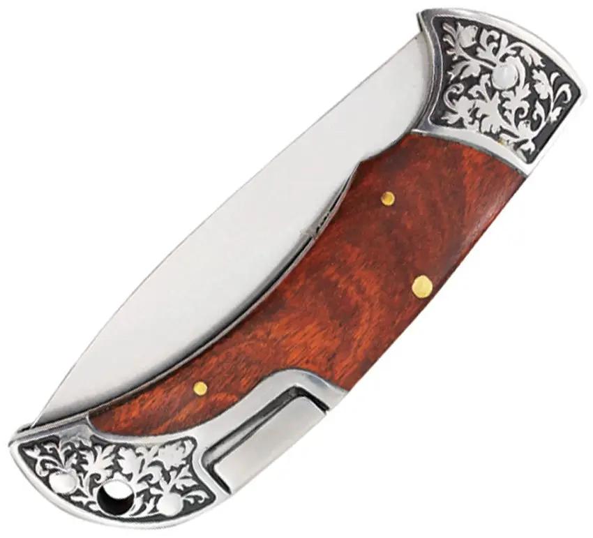 Elk Ridge Lockback ER-2029BN - Brown Wood Handle Satin Finish Stainless Drop Point Blade 4.5 Inch Closed by Elk Ridge