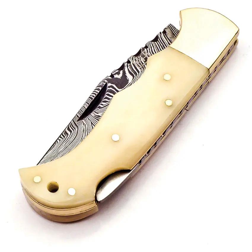 FH Knives Lockback Damascus Bone BONE001 - Damascus Steel Clip Point Blade With Natural Bone Handle by FH Knives