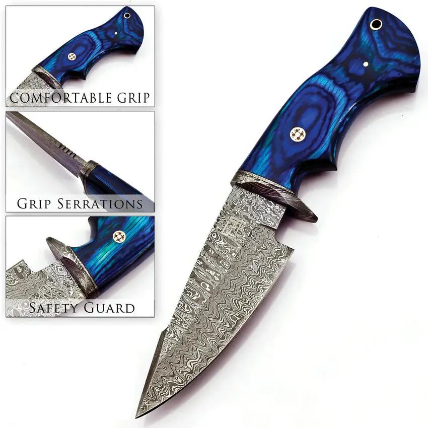 FH Knives Fixed Blade Damascus Blue MLK-0003 - 5 Inch Damascus Blade With Blue Pakkawood Handle And Damascus Guard by FH Knives