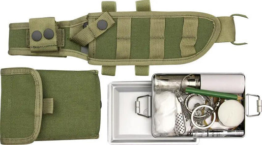 Fox Parang Bushcraft FX-0107153 - Full Tang N690Co Sawback Parang With Green Forprene Handle And Survival Kit by Fox