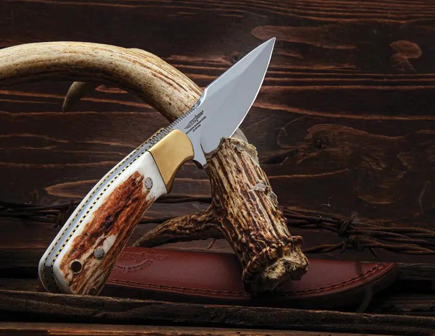 Hibben Diamondback Fixed Blade Knife GH5100GS for Outdoorsmen Satin 7Cr17MoV Blade Stag Handle Full Tang Leather Sheath by Hibben