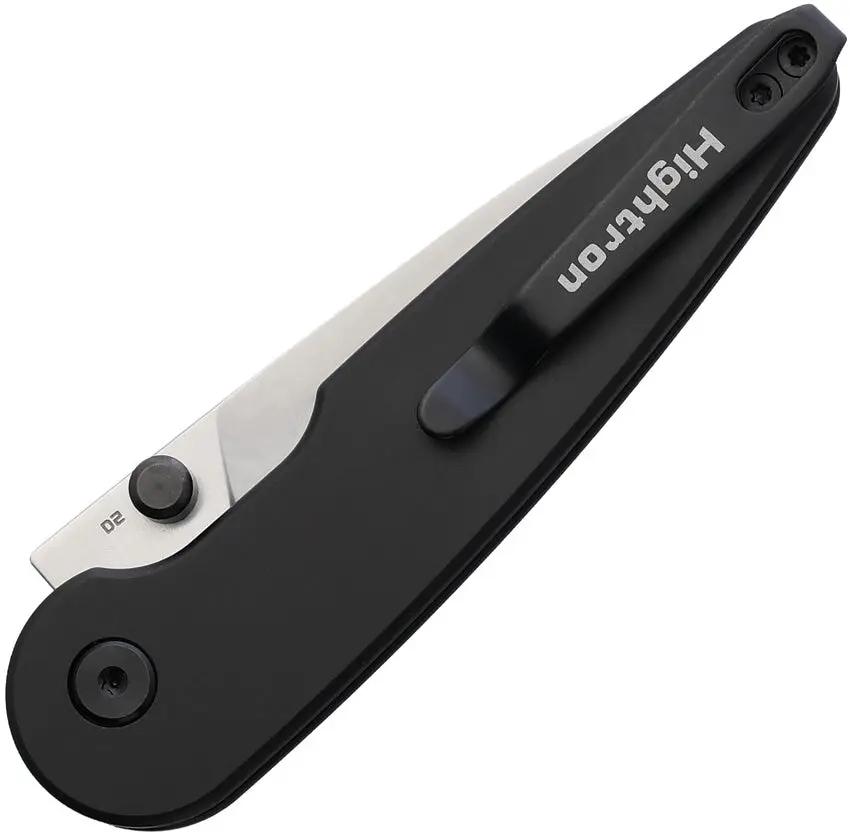 Hightron Birdidi Button Lock Black HK06BLKS - Satin D2 Blade, 4 Inch Closed, Black Anodized Aluminum Pocket Clip by HIGHTRON