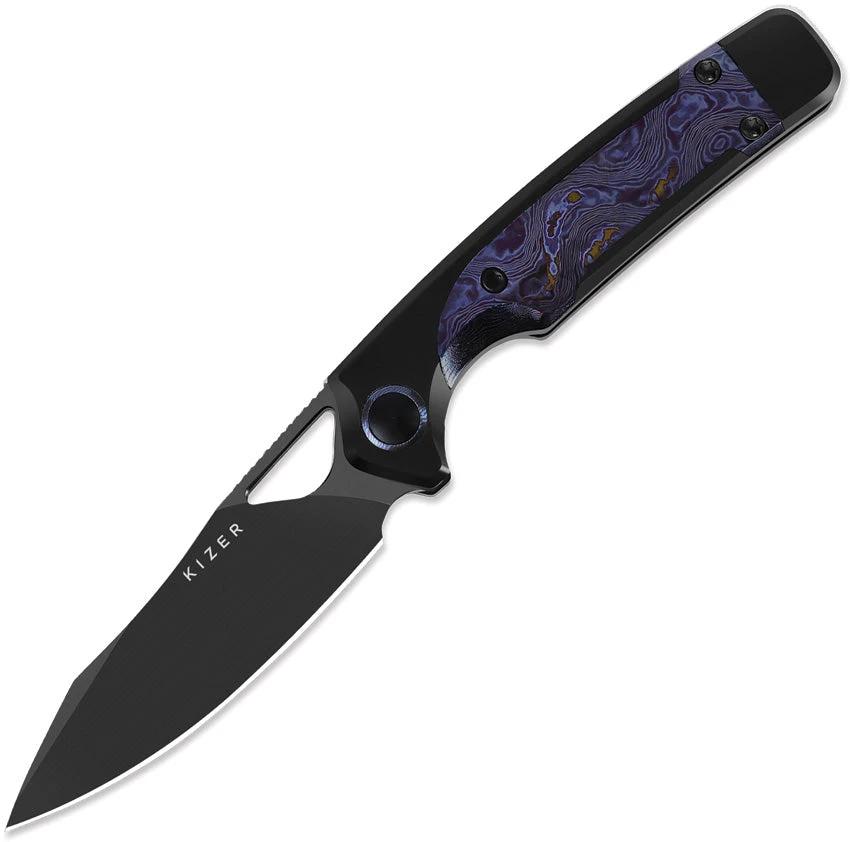 Kizer Ara Linerlock Timascus Knife With Cru Wear Blade Black DLC Inlay For EDC Enthusiasts by Kizer Cutlery