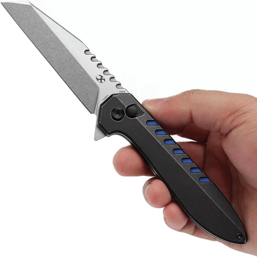 Kansept Knives Kosame Button Lock BSW Blue - Stonewashed 154CM Wharncliffe Blade Titanium Handle With Blue G10 Inlay by Kansept Knives