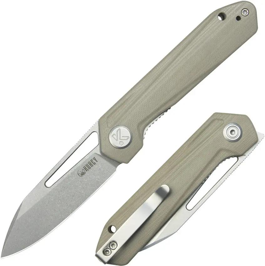 Kubey Royal Linerlock Tan KU321Q - 3 Inch Satin 14C28N Sandvik Blade, Tan G10 Handle, Extended Tang by Kubey