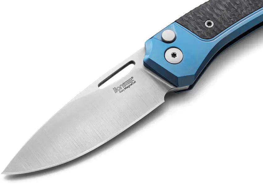 LionSteel Twain Button Lock Knife With MagnaCut Blade Blue Carbon Fiber Handle For EDC Enthusiasts by LionSTEEL