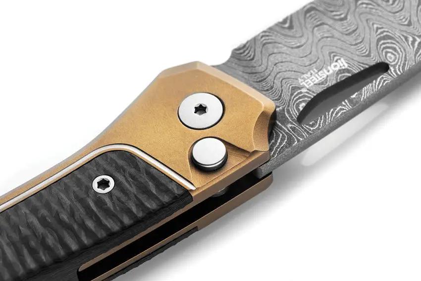 LionSteel Twain Button Lock Damascus Knife For EDC Enthusiasts With Bronze Titanium Handle And Carbon Fiber Inlay by LionSTEEL