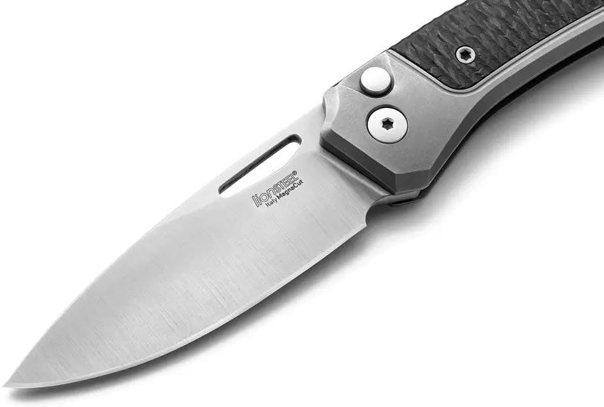 LionSTEEL Twain Button Lock Knife Gray Titanium And Carbon Fiber Handles MagnaCut Blade EDC by LionSTEEL