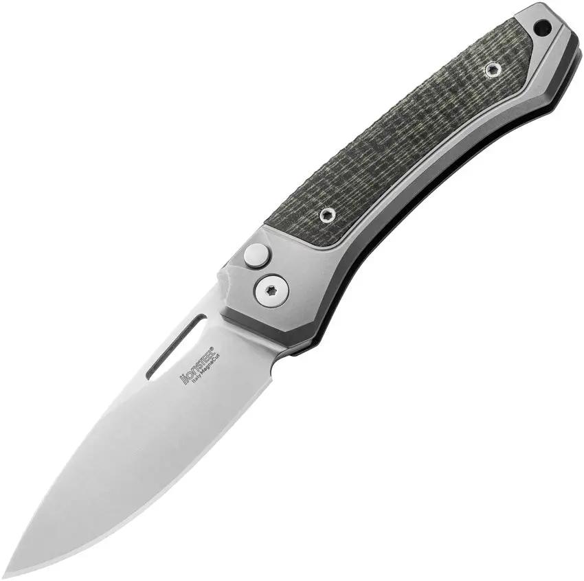 LionSteel Twain Button Lock Knife MagnaCut Satin Blade 3.13in Gray Titanium And Green Canvas Micarta Handles For EDC by LionSTEEL