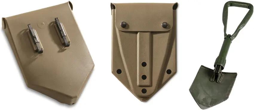 German OD Tri Fold Shovel - Used, 15 Inch Overall, 10 Inch Closed, 7 Inch Head With Synthetic OD Green Sheath by Miscellaneous