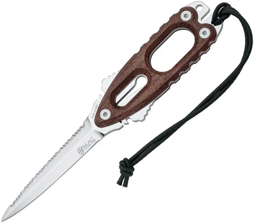 Mac Coltellerie Gunster Dive Knife - Brown Micarta Handle, Satin Serrated Nitrogen Steel Blade by Mac Coltellerie