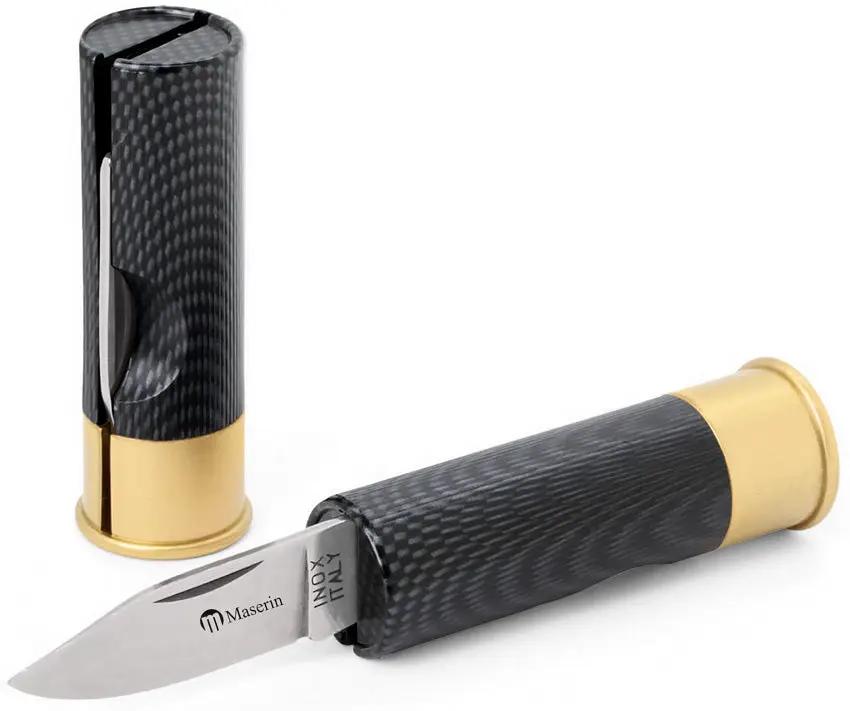 Maserin Shotgun Shell Folding Knife CF 70/FC: Carbon Fiber Handle, Stainless Clip-Point Blade for Everyday Carry and Collectors by Maserin