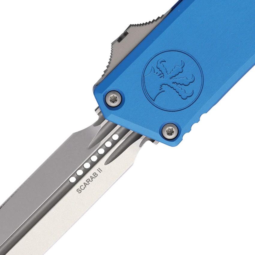 Microtech Auto Scarab II OTF Knife With M390 Dagger Blade Blue Aluminum Handle For Collectors And Tactical Pros by Microtech