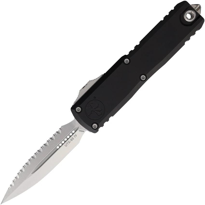 Microtech UTX-85 Auto Knife Gen IV OTF 3.13in Stonewash Serrated M390MK Blade Black Aluminum For EDC Enthusiasts