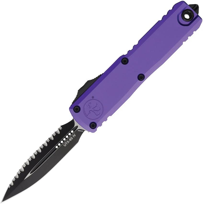 Microtech UTX-85 Auto OTF Knife D/E Gen IV 3.13in Blade Purple Aluminum Handle Two Tone Finish Glass Breaker For EDC