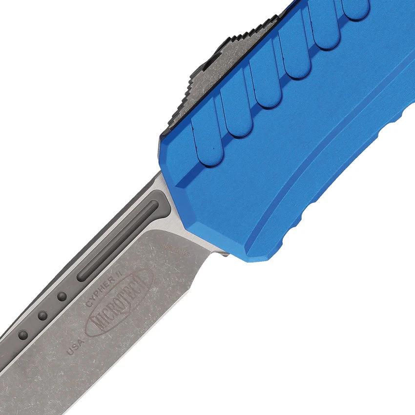 Microtech Auto Cypher II OTF Knife Automatic Opening Blue AP Finish M390 Blade For EDC Enthusiasts by Microtech
