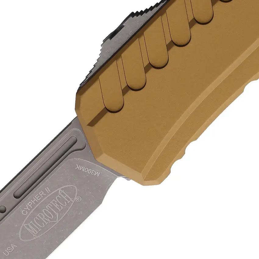 Microtech OTF Auto Knife Cypher II Tan With Wharncliffe Blade Three Point Five Inch Apocalyptic Finish For Tactical EDC by Microtech