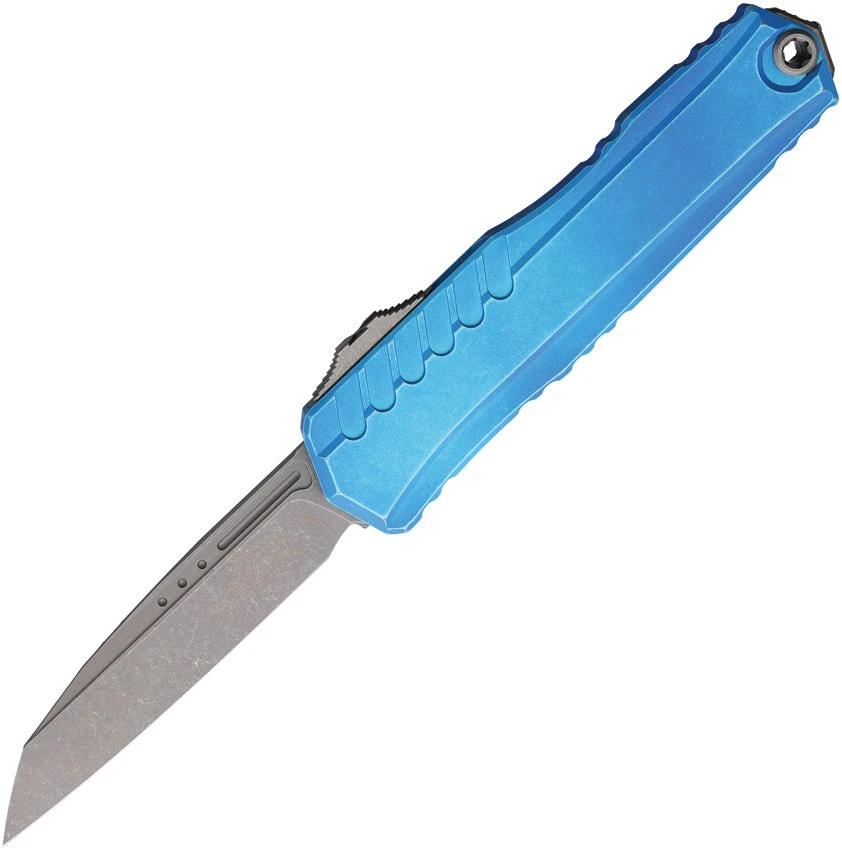 Microtech Auto Cypher II OTF Knife Automatic Opening Apocalyptic M390 Wharncliffe Marbled Blue Aluminum For Tactical EDC