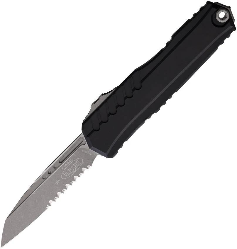 Microtech Auto Cypher II OTF Knife For EDC Enthusiasts With Apocalyptic Finish 3.5in Wharncliffe Serrated Blade