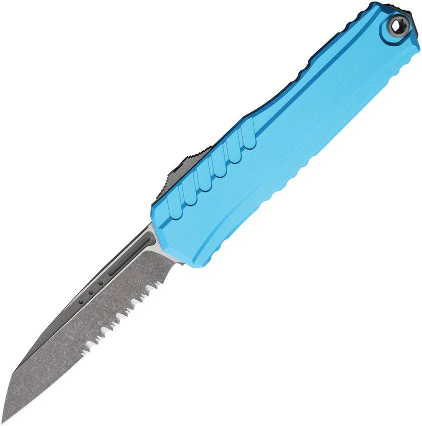 Microtech Auto Cypher II OTF Knife With M390MK Blade Apocalyptic Finish Turquoise Aluminum Handle For Tactical EDC