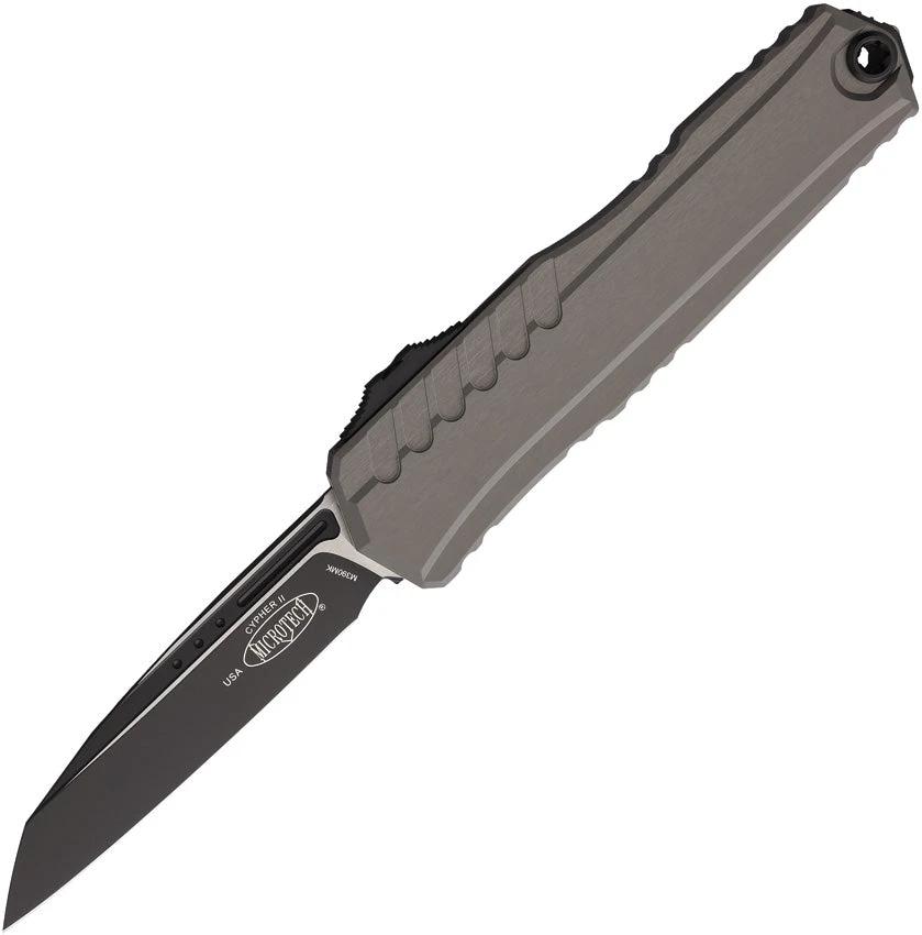 Microtech Auto Cypher II OTF Gray Knife With Premium Steel Wharncliffe Blade And Gray Aluminum Handle For EDC Enthusiasts
