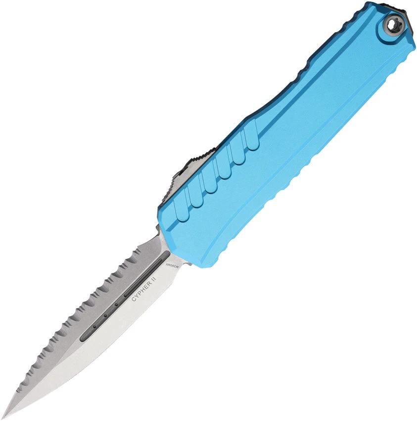 Microtech Auto Cypher II OTF Knife Double Edge Blade Turquoise Aluminum Handle For Tactical EDC Enthusiasts