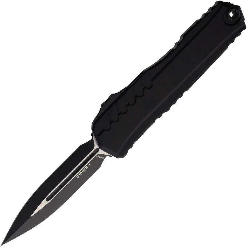 Microtech Auto Cypher II D E OTF Knife Automatic Opening Three Point Five Inch M390 Dagger Blade Black Al Handle EDC