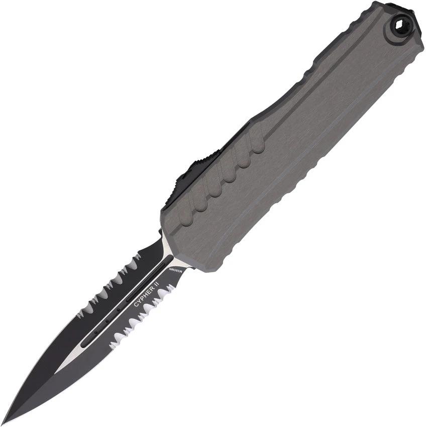 Microtech Auto Cypher II Automatic Opening OTF Knife 3.5in Dagger Blade Bohler M390MK Gray Aluminum For Tactical Pros