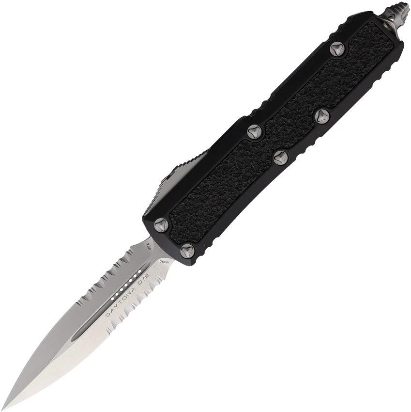 Microtech Auto Daytona Double Edge OTF Knife For EDC Enthusiasts With Stonewashed Blade And Black Aluminum Handle
