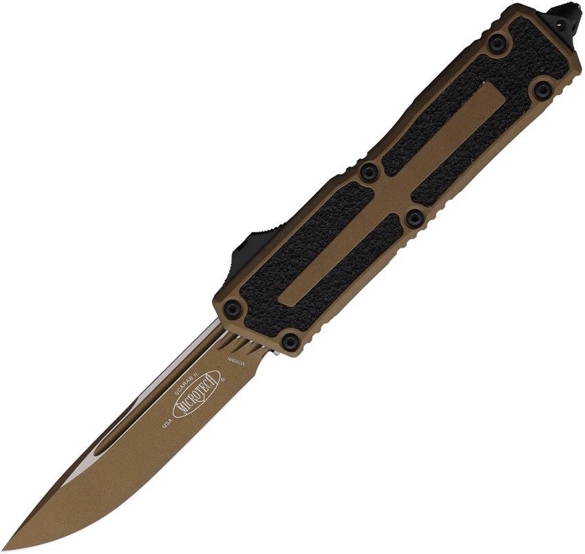Microtech Auto Scarab II OTF Knife M390 Blade Glass Breaker Aluminum Handle Cerakote Burnt Bronze For EDC