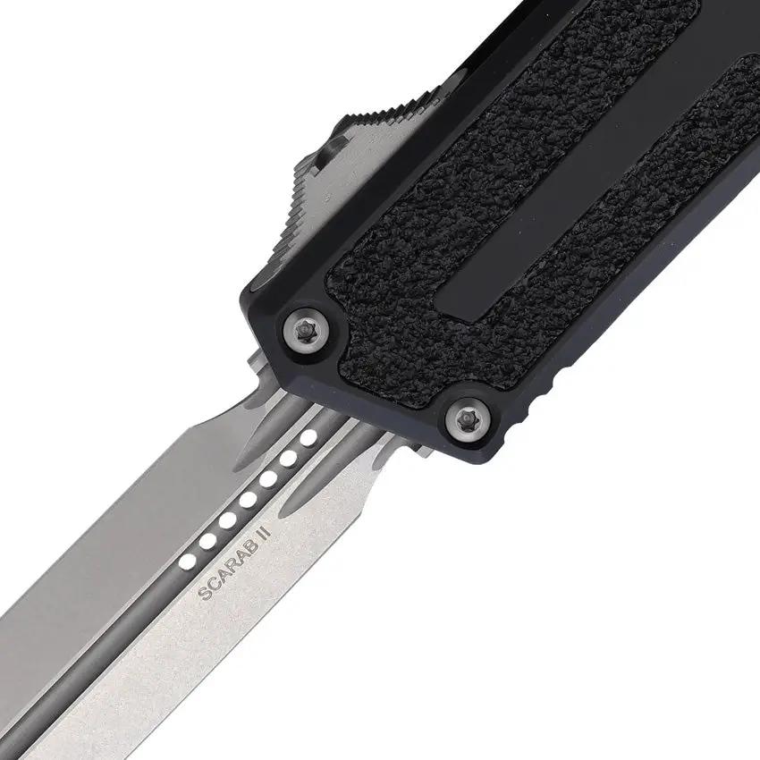 Microtech Auto Scarab II OTF Knife For Tactical EDC Premium Stonewash Dagger Blade Black Aluminum Handle Glass Breaker by Microtech